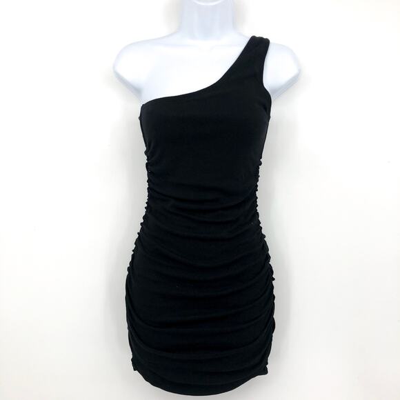 L*SPACE Women's Alana Mini Dress Medium Black One Shoulder Ruched NWT - Picture 5 of 14